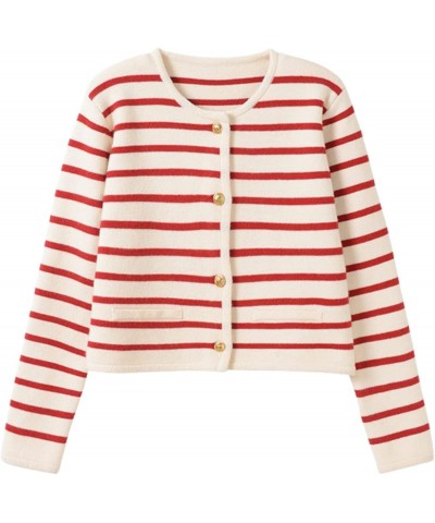 2023 Women's Long Sleeve Striped Sweater Button Cardigan Knitted Open Coat Outwear with Pockets Red $35.20 Sweaters