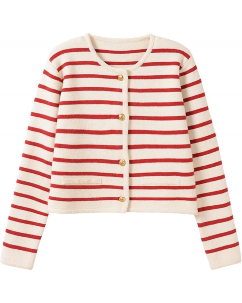 2023 Women's Long Sleeve Striped Sweater Button Cardigan Knitted Open Coat Outwear with Pockets Red $35.20 Sweaters