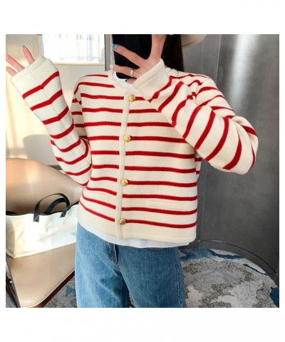 2023 Women's Long Sleeve Striped Sweater Button Cardigan Knitted Open Coat Outwear with Pockets Red $35.20 Sweaters