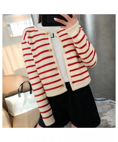 2023 Women's Long Sleeve Striped Sweater Button Cardigan Knitted Open Coat Outwear with Pockets Red $35.20 Sweaters