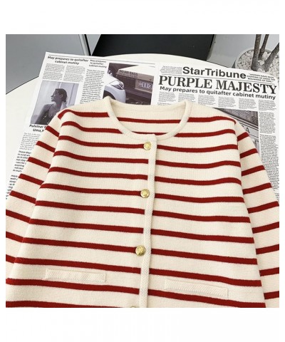 2023 Women's Long Sleeve Striped Sweater Button Cardigan Knitted Open Coat Outwear with Pockets Red $35.20 Sweaters