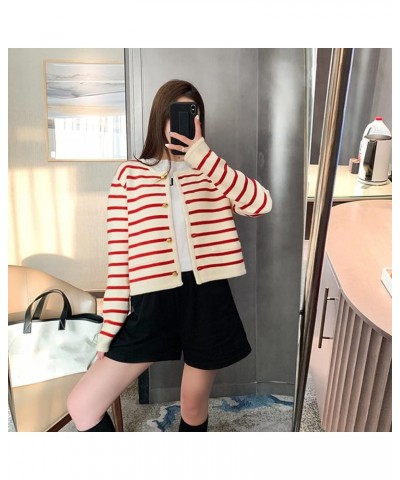 2023 Women's Long Sleeve Striped Sweater Button Cardigan Knitted Open Coat Outwear with Pockets Red $35.20 Sweaters