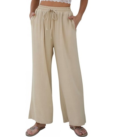 Women Linen Wide-Leg Palazzo Pants Summer Flowy Baggy High Waist Casual Lounge Travel Trousers with Pockets Apricot $19.60 Pants