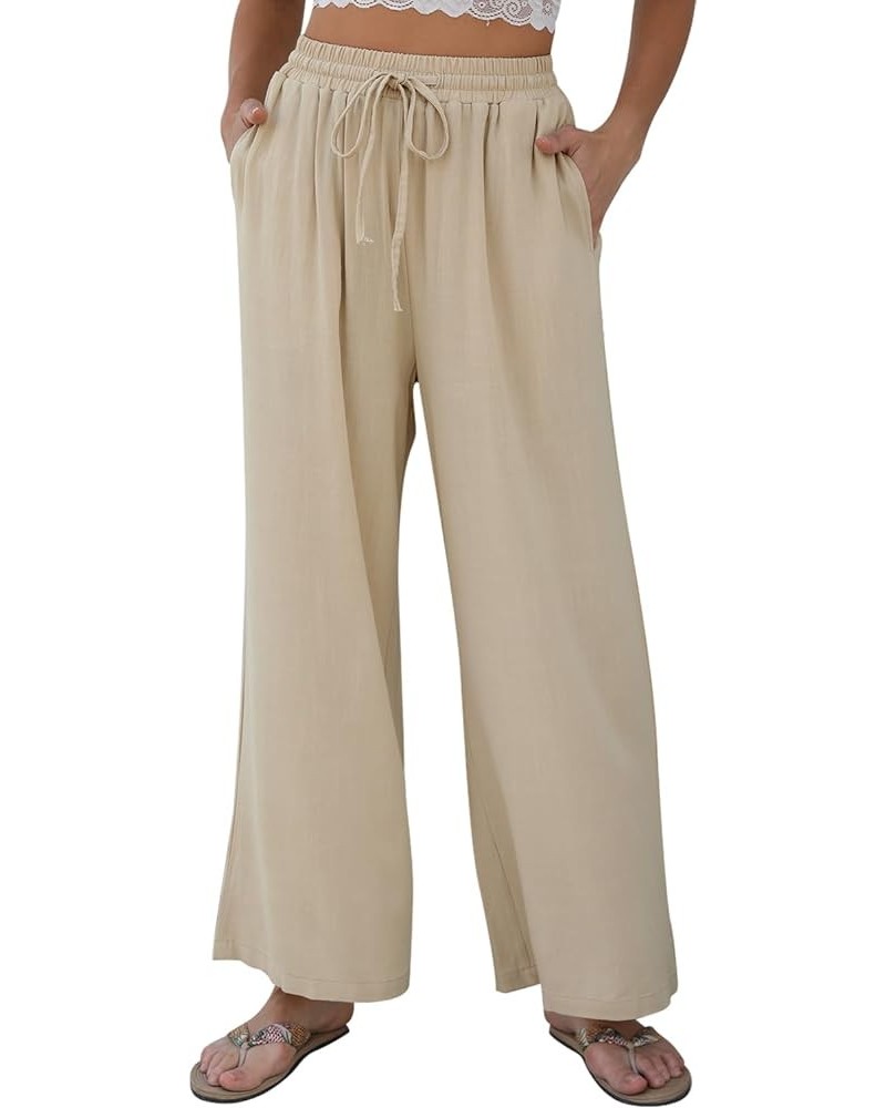 Women Linen Wide-Leg Palazzo Pants Summer Flowy Baggy High Waist Casual Lounge Travel Trousers with Pockets Apricot $19.60 Pants