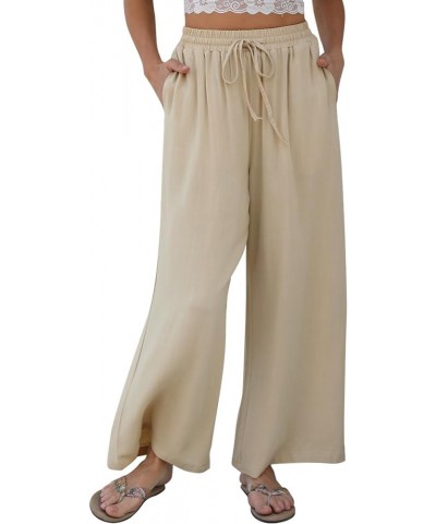 Women Linen Wide-Leg Palazzo Pants Summer Flowy Baggy High Waist Casual Lounge Travel Trousers with Pockets Apricot $19.60 Pants