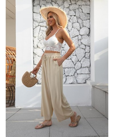 Women Linen Wide-Leg Palazzo Pants Summer Flowy Baggy High Waist Casual Lounge Travel Trousers with Pockets Apricot $19.60 Pants