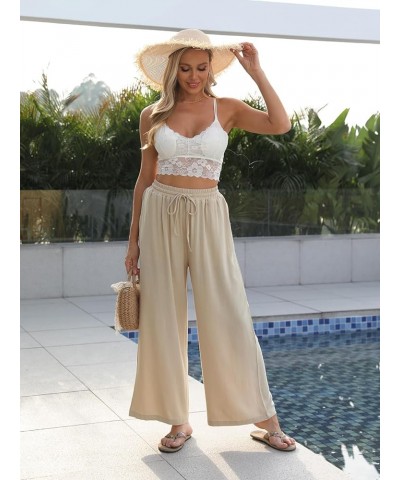 Women Linen Wide-Leg Palazzo Pants Summer Flowy Baggy High Waist Casual Lounge Travel Trousers with Pockets Apricot $19.60 Pants