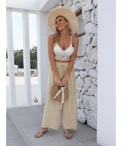 Women Linen Wide-Leg Palazzo Pants Summer Flowy Baggy High Waist Casual Lounge Travel Trousers with Pockets Apricot $19.60 Pants