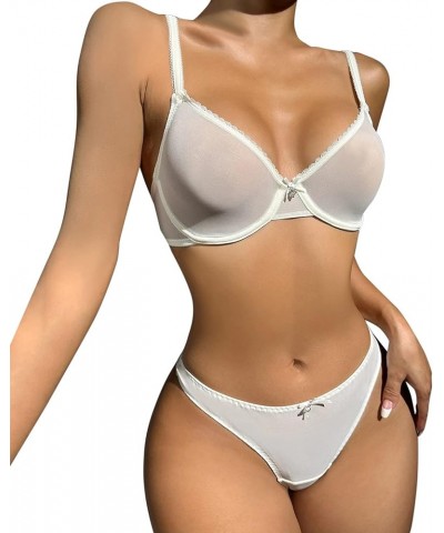 Naughty Lingerie For Women Mesh See Through Bra And Panty Sets Scalloped Trim Low Waist Thongs Sexy Teddy Nightwear White $4....