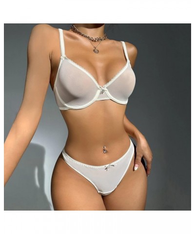 Naughty Lingerie For Women Mesh See Through Bra And Panty Sets Scalloped Trim Low Waist Thongs Sexy Teddy Nightwear White $4....