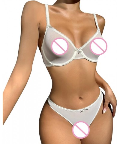 Naughty Lingerie For Women Mesh See Through Bra And Panty Sets Scalloped Trim Low Waist Thongs Sexy Teddy Nightwear White $4....