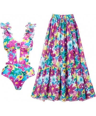 Women Floral Swimsuit with A Line Ruffle Midi Skirt One Piece Swimwear V Neck Summer Beach Outfit 2 Piece Bathing Suit Purple...