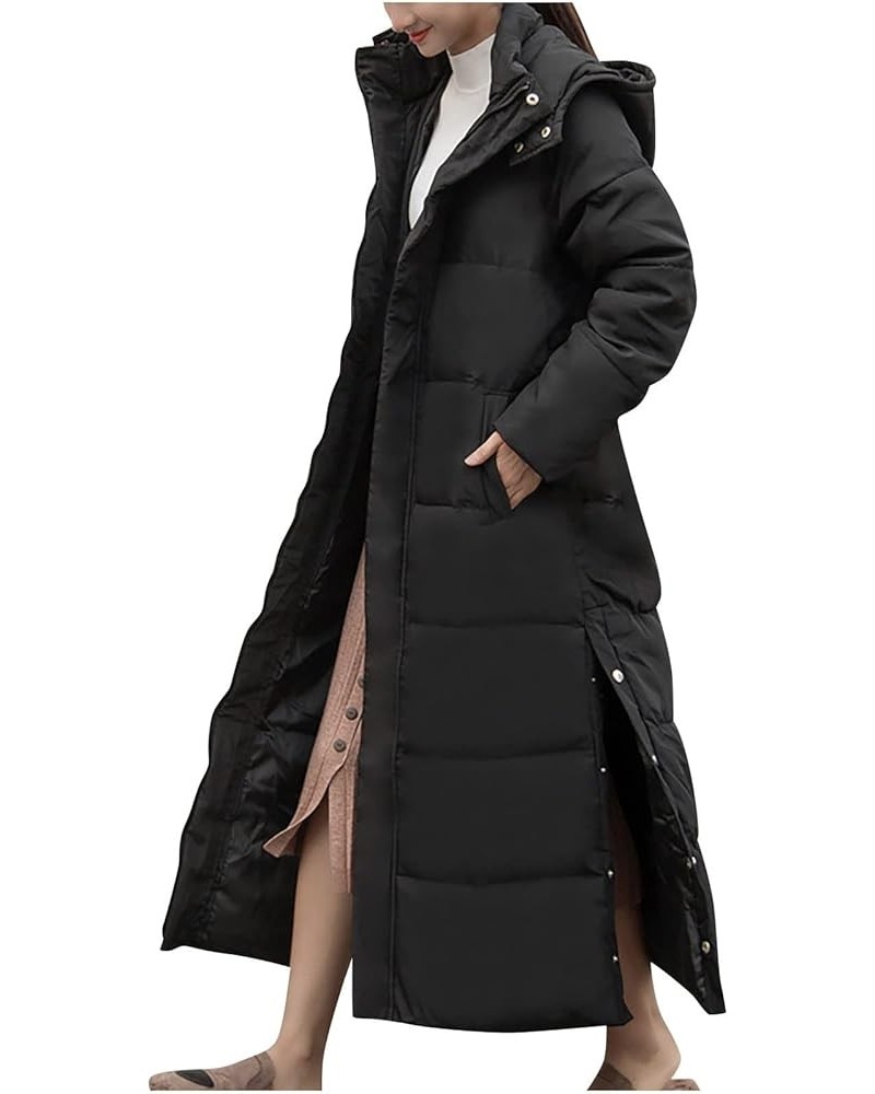 Womens Puffer Down Coat Winter Quilted Hooded Maxi Long Jacket Waterproof Side Split Padded Outerwear Button Parka Black $17....