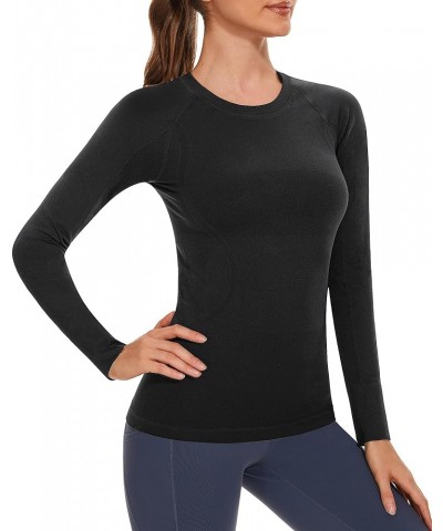 Women Workout Shirts Seamless Long Sleeve Yoga Tops with Thumb Holes for Sports Running Breathable Athletic Slim Fit Black-wi...