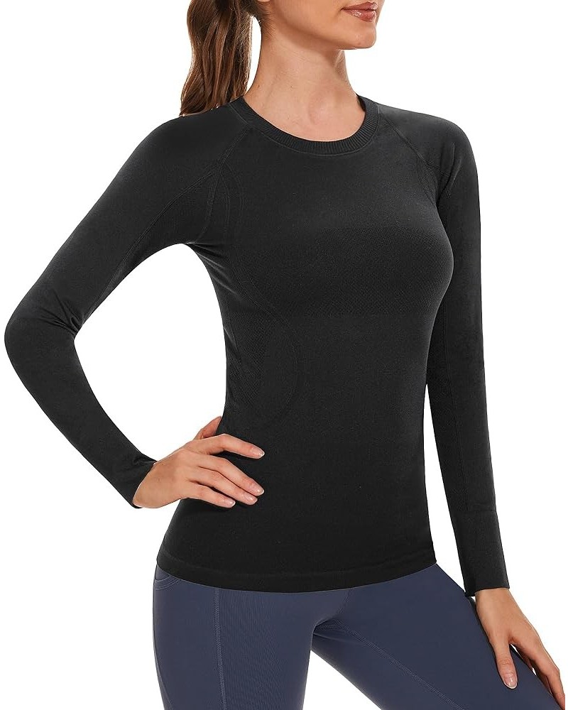 Women Workout Shirts Seamless Long Sleeve Yoga Tops with Thumb Holes for Sports Running Breathable Athletic Slim Fit Black-wi...