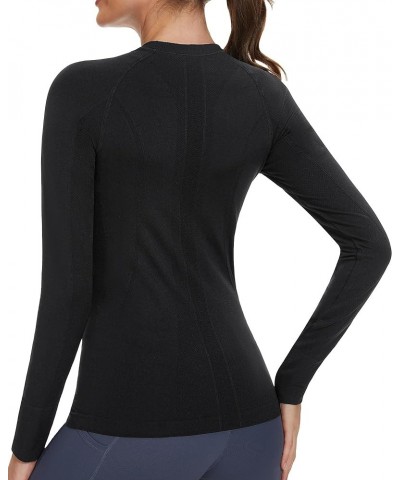 Women Workout Shirts Seamless Long Sleeve Yoga Tops with Thumb Holes for Sports Running Breathable Athletic Slim Fit Black-wi...