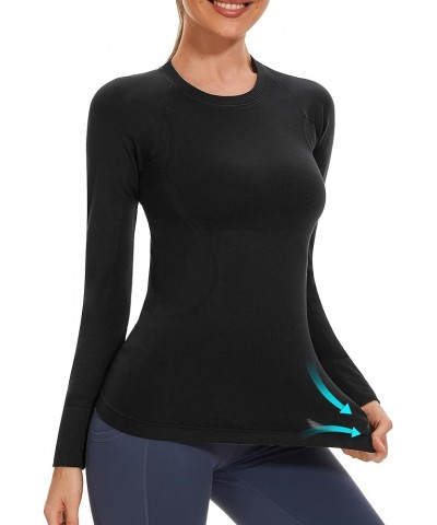 Women Workout Shirts Seamless Long Sleeve Yoga Tops with Thumb Holes for Sports Running Breathable Athletic Slim Fit Black-wi...