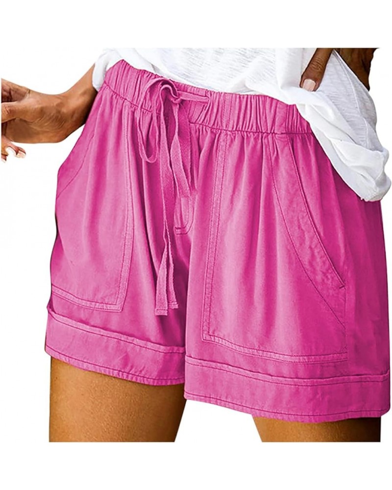 Shorts for Women Trendy Casual Drawstring Shorts Summer Comfy Elastic Waist Shorts Solid Flowy Beach Pants 2024 03 Hot Pink $...