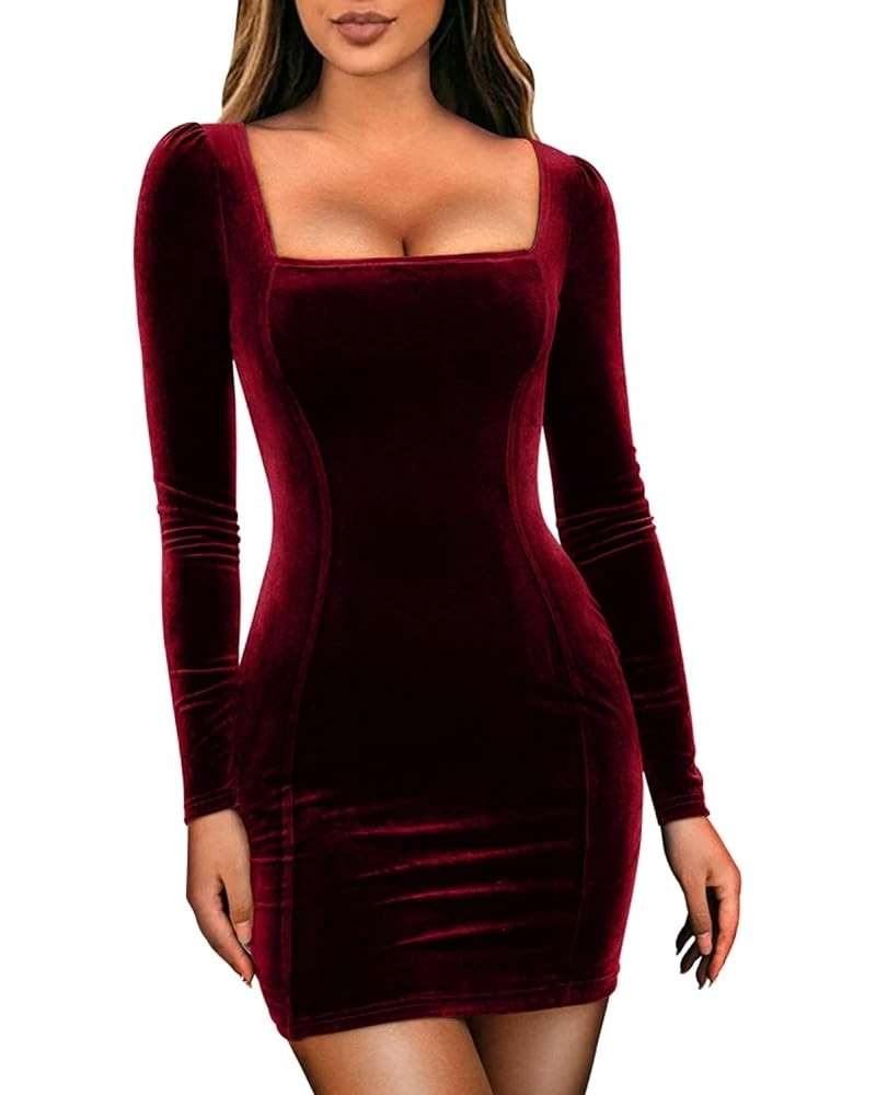 Womens Sexy Velvet Long Sleeve Bodycon Elegant Mini Party Dress 5632 Burgundy $19.94 Dresses