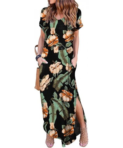 Women's Casual Loose Sundress Short Sleeve V Neck Long Dress Split Maxi Summer Beach Dress with Pockets Orangeflowerblack $14...