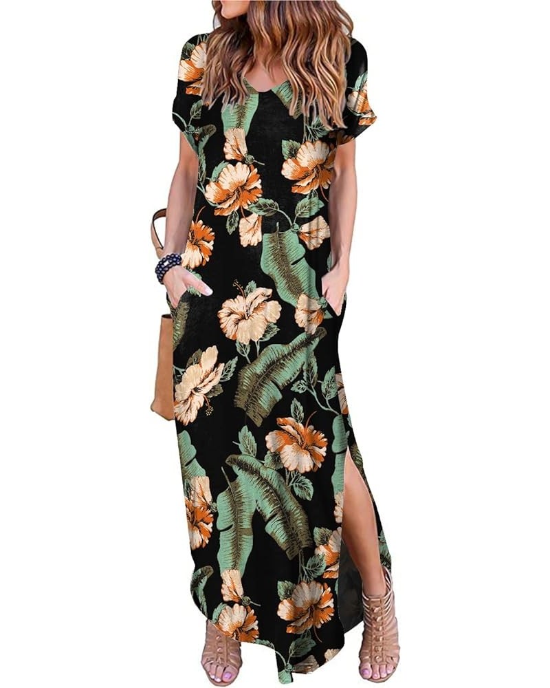 Women's Casual Loose Sundress Short Sleeve V Neck Long Dress Split Maxi Summer Beach Dress with Pockets Orangeflowerblack $14...