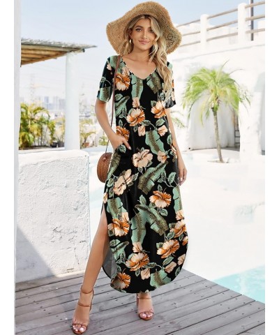 Women's Casual Loose Sundress Short Sleeve V Neck Long Dress Split Maxi Summer Beach Dress with Pockets Orangeflowerblack $14...