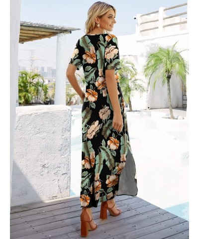 Women's Casual Loose Sundress Short Sleeve V Neck Long Dress Split Maxi Summer Beach Dress with Pockets Orangeflowerblack $14...