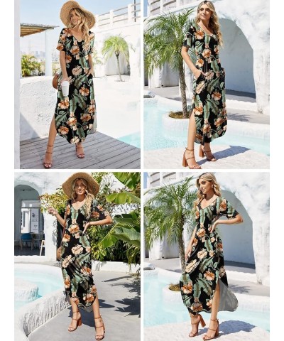 Women's Casual Loose Sundress Short Sleeve V Neck Long Dress Split Maxi Summer Beach Dress with Pockets Orangeflowerblack $14...