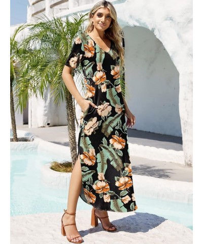 Women's Casual Loose Sundress Short Sleeve V Neck Long Dress Split Maxi Summer Beach Dress with Pockets Orangeflowerblack $14...