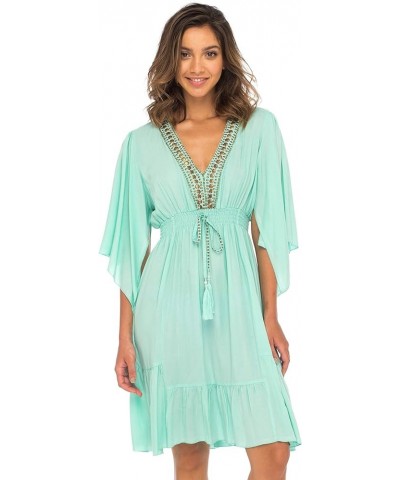 Womens Short Sundress Flowy Boho Beach Dress with Beaded Deep V Neck, Casual Sexy Summer Party Dress Aqua $23.98 Dresses