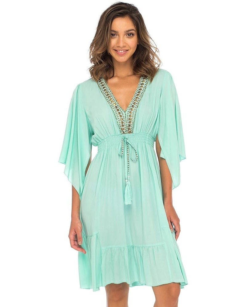 Womens Short Sundress Flowy Boho Beach Dress with Beaded Deep V Neck, Casual Sexy Summer Party Dress Aqua $23.98 Dresses