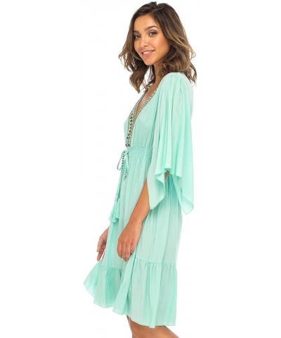 Womens Short Sundress Flowy Boho Beach Dress with Beaded Deep V Neck, Casual Sexy Summer Party Dress Aqua $23.98 Dresses