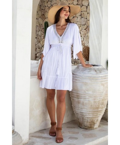 Womens Short Sundress Flowy Boho Beach Dress with Beaded Deep V Neck, Casual Sexy Summer Party Dress Aqua $23.98 Dresses