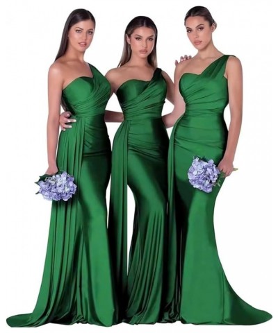 Mermaid Bridesmaid Dresses Long One Shoulder Satin 2024 Prom Dresses for Women Wedding Guest Gowns with Train Green $32.50 Dr...