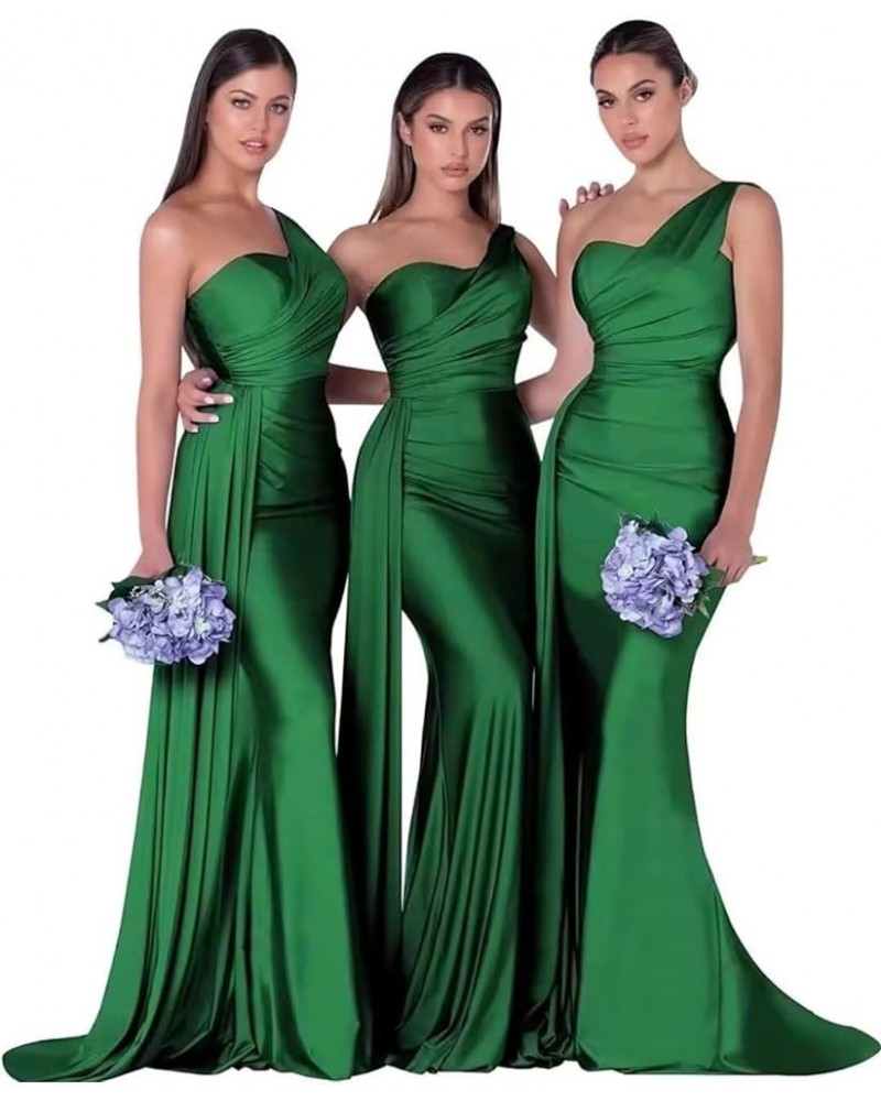 Mermaid Bridesmaid Dresses Long One Shoulder Satin 2024 Prom Dresses for Women Wedding Guest Gowns with Train Green $32.50 Dr...