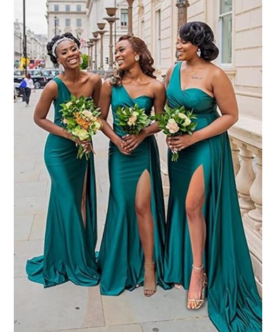 Mermaid Bridesmaid Dresses Long One Shoulder Satin 2024 Prom Dresses for Women Wedding Guest Gowns with Train Green $32.50 Dr...