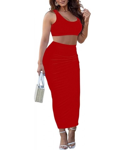 Skirt Sets Women 2 Piece Outfits Sexy Bodycon Tank Square Neck Ribbed Sexy Two Piece Outfit Party Dress for Women B Red $24.7...