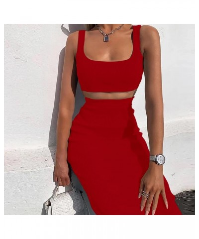 Skirt Sets Women 2 Piece Outfits Sexy Bodycon Tank Square Neck Ribbed Sexy Two Piece Outfit Party Dress for Women B Red $24.7...