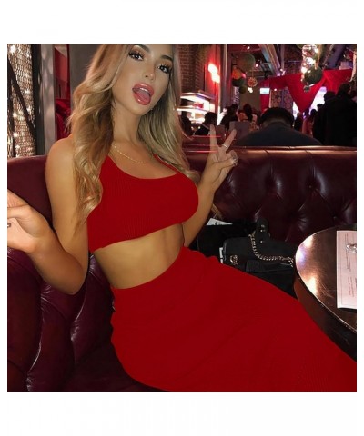 Skirt Sets Women 2 Piece Outfits Sexy Bodycon Tank Square Neck Ribbed Sexy Two Piece Outfit Party Dress for Women B Red $24.7...