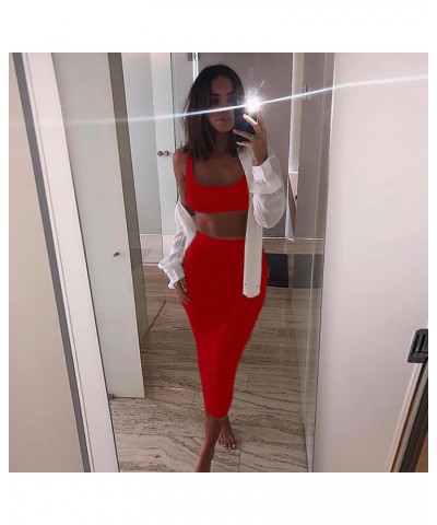 Skirt Sets Women 2 Piece Outfits Sexy Bodycon Tank Square Neck Ribbed Sexy Two Piece Outfit Party Dress for Women B Red $24.7...