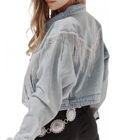 Cropped Rhinestone Fringe Hem Pockets Distressed Button Pink Denim Coat Jacket for Womens Light Blue $25.20 Jackets