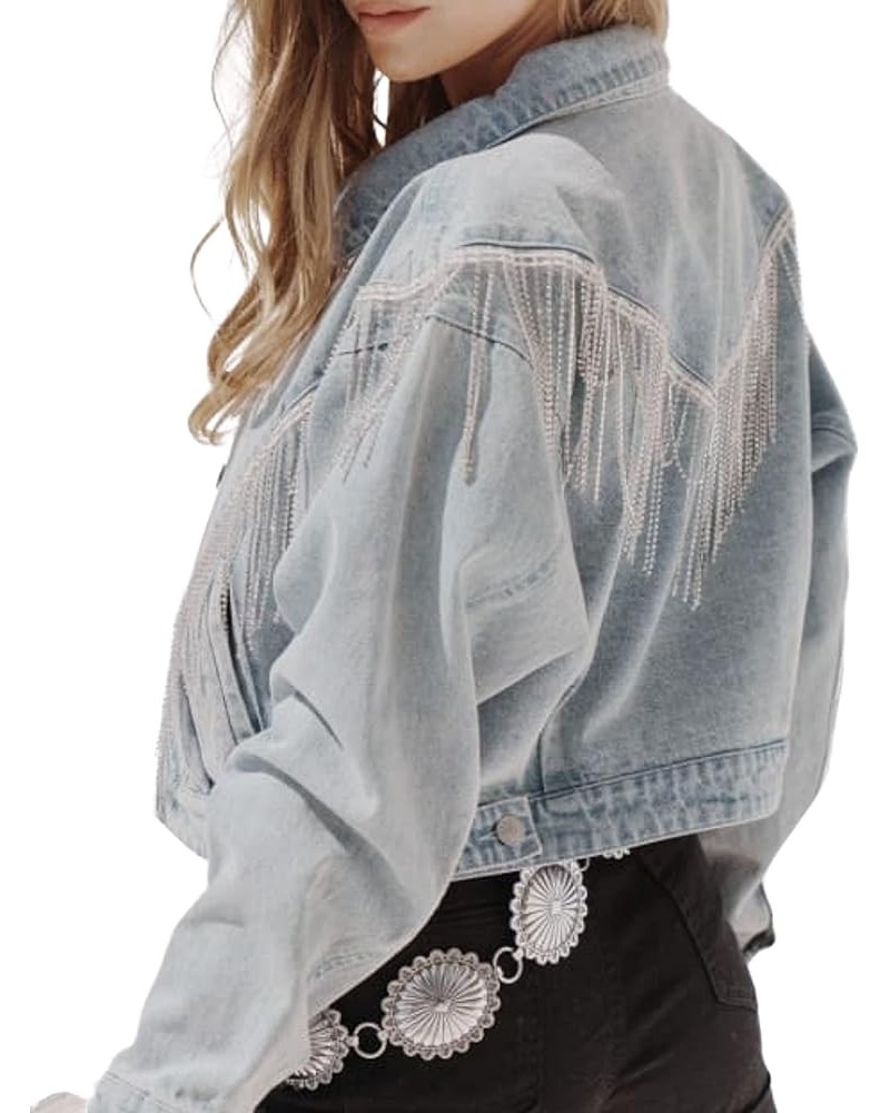 Cropped Rhinestone Fringe Hem Pockets Distressed Button Pink Denim Coat Jacket for Womens Light Blue $25.20 Jackets