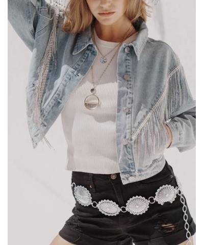 Cropped Rhinestone Fringe Hem Pockets Distressed Button Pink Denim Coat Jacket for Womens Light Blue $25.20 Jackets