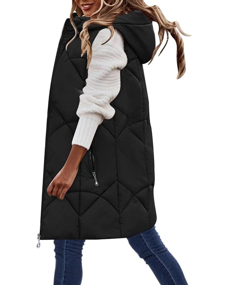 Fall Winter Casual Long Full Zip Cotton Vest for Women Sleeveless Hooded Puffer Vest Outwear Plus Size Vest Coat Lblack $14.0...