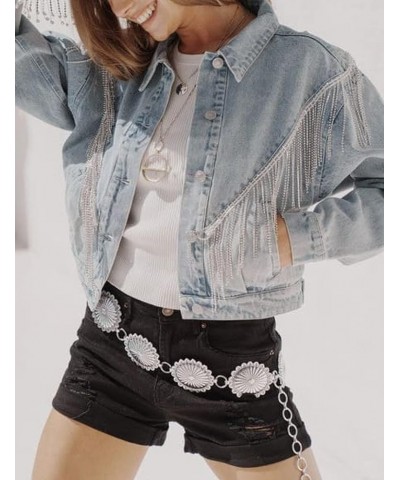 Cropped Rhinestone Fringe Hem Pockets Distressed Button Pink Denim Coat Jacket for Womens Light Blue $25.20 Jackets