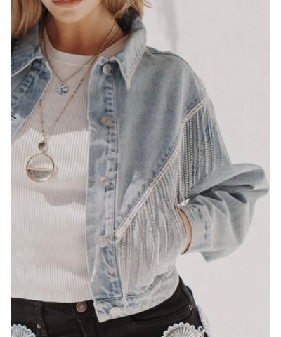 Cropped Rhinestone Fringe Hem Pockets Distressed Button Pink Denim Coat Jacket for Womens Light Blue $25.20 Jackets