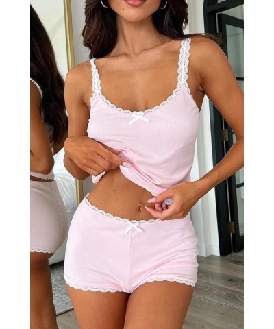 Women Sexy 2 Piece Pajama Set Sleeveless Lace Trim Crop Cami Top and Shorts Pj Set Y2K Sleepwear Lounge Outfits H Lace Trim P...