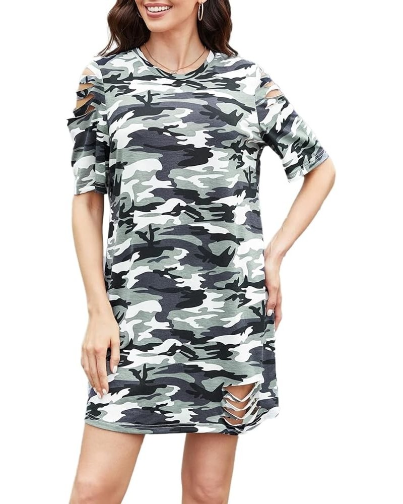 Women's Casual Ripped Short Sleeve T-Shirt Tunic Dress Green Multi $13.33 Dresses