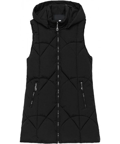 Fall Winter Casual Long Full Zip Cotton Vest for Women Sleeveless Hooded Puffer Vest Outwear Plus Size Vest Coat Lblack $14.0...