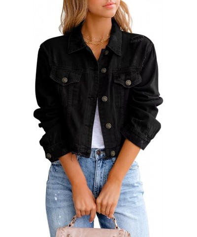 Womens Denim Jacket Distressed Frayed Ripped Jean Jacket Casual Button Down Light Jackets E Black $28.59 Jackets